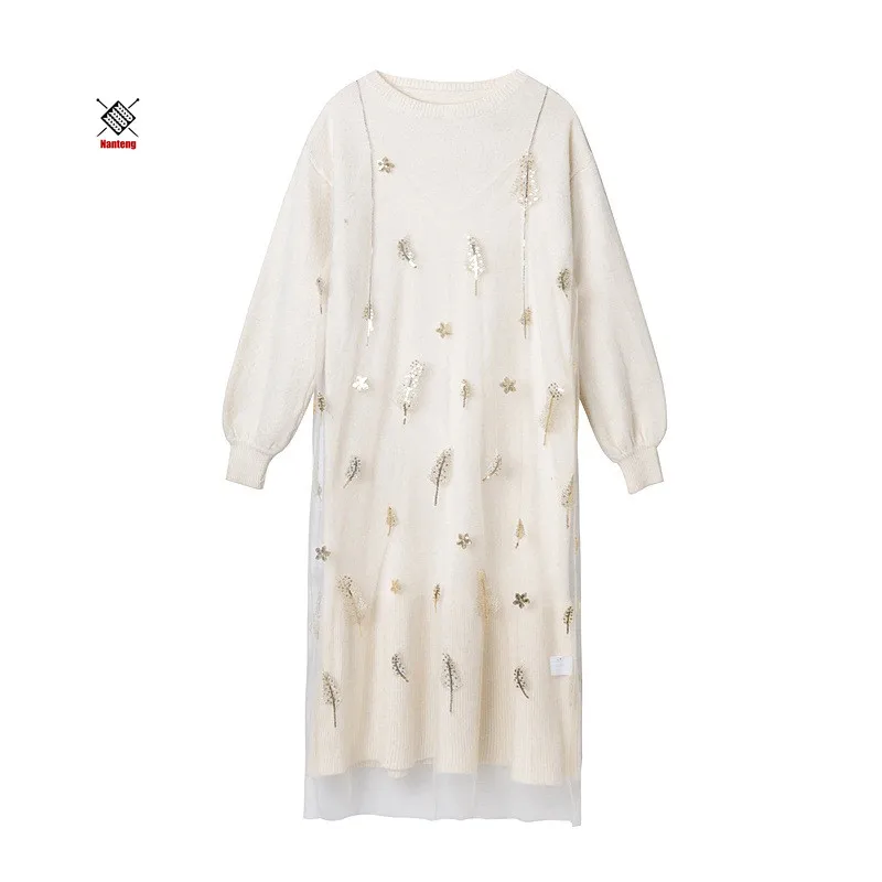 

High Grade Loose Sweet Style Puff Sleeve Medium Length Custom Jacquard Knit Ladies Dress