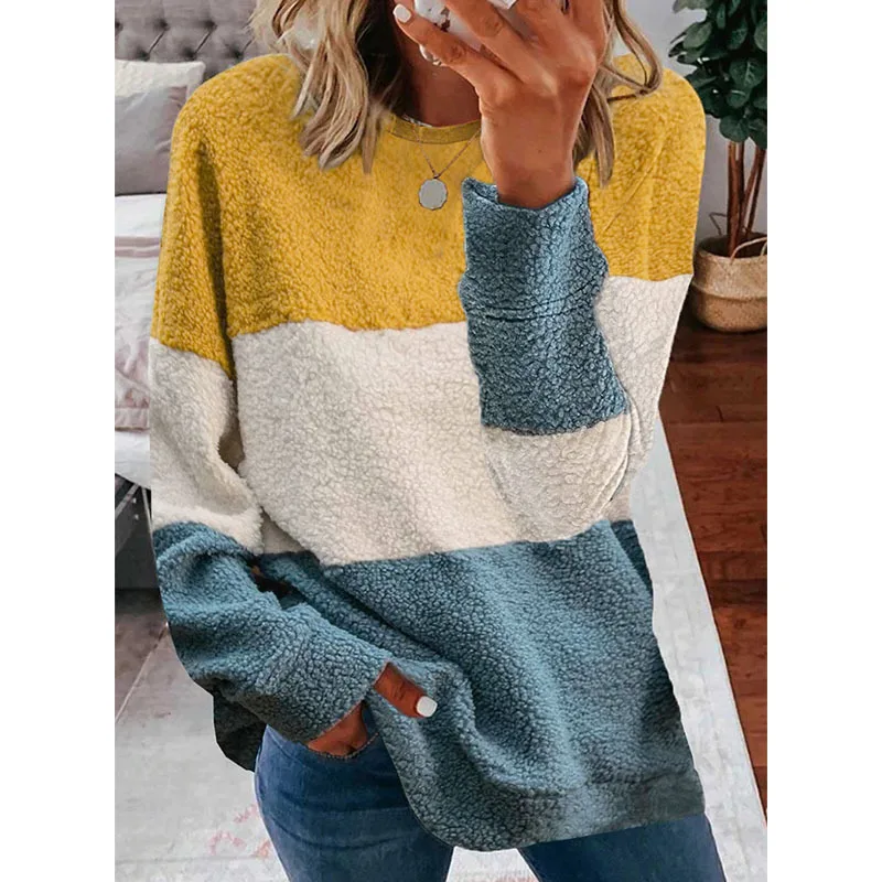 

2020 autumn and winter plush stitching contrast coat women's sweater