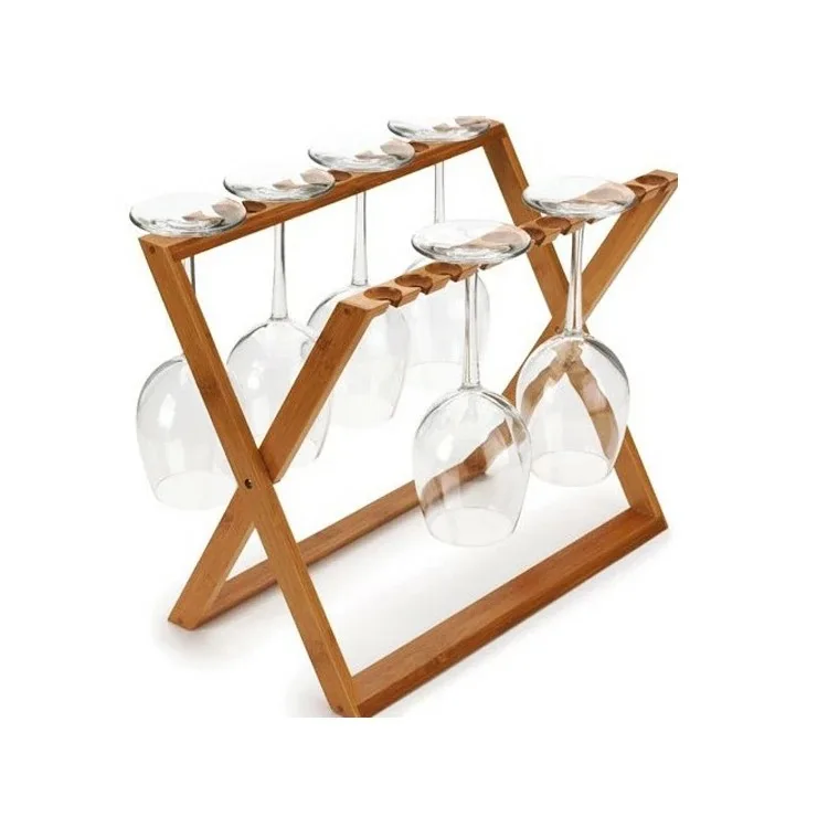

Factory wholesale bamboo foldable wine glass holder on tabletop, Wood color