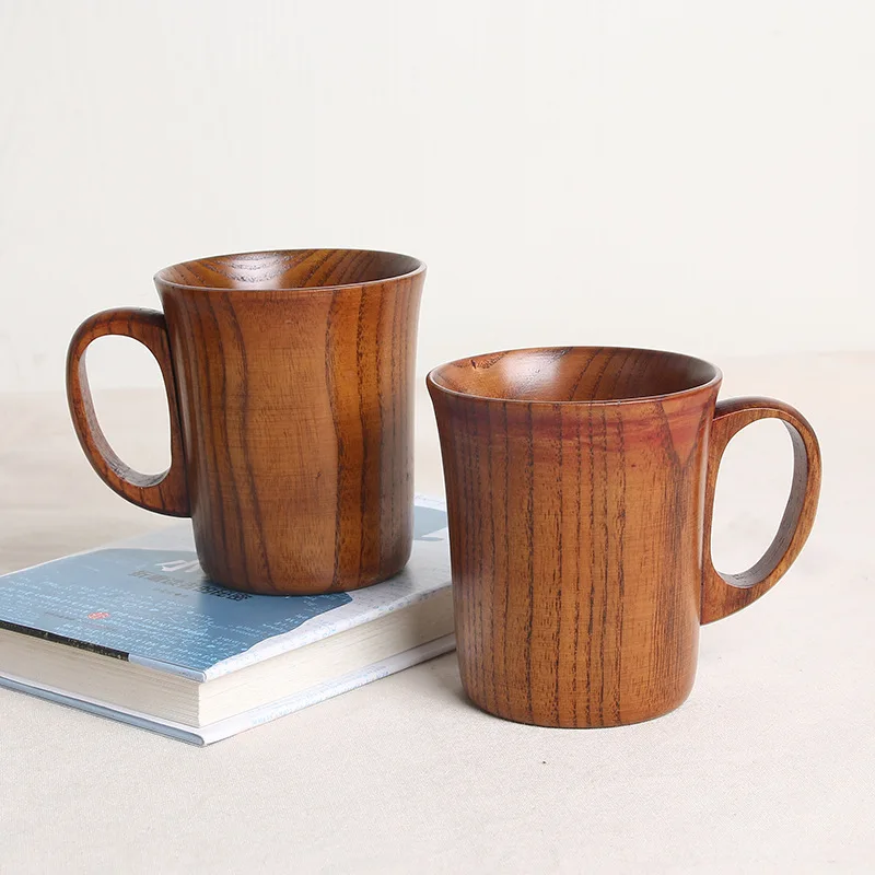 

T22 Eco-Friendly Natural Wooden Beer Mug Cup Jujube Healthy Natural Handmade Wooden Tea Cup with handle, Jujube wood color