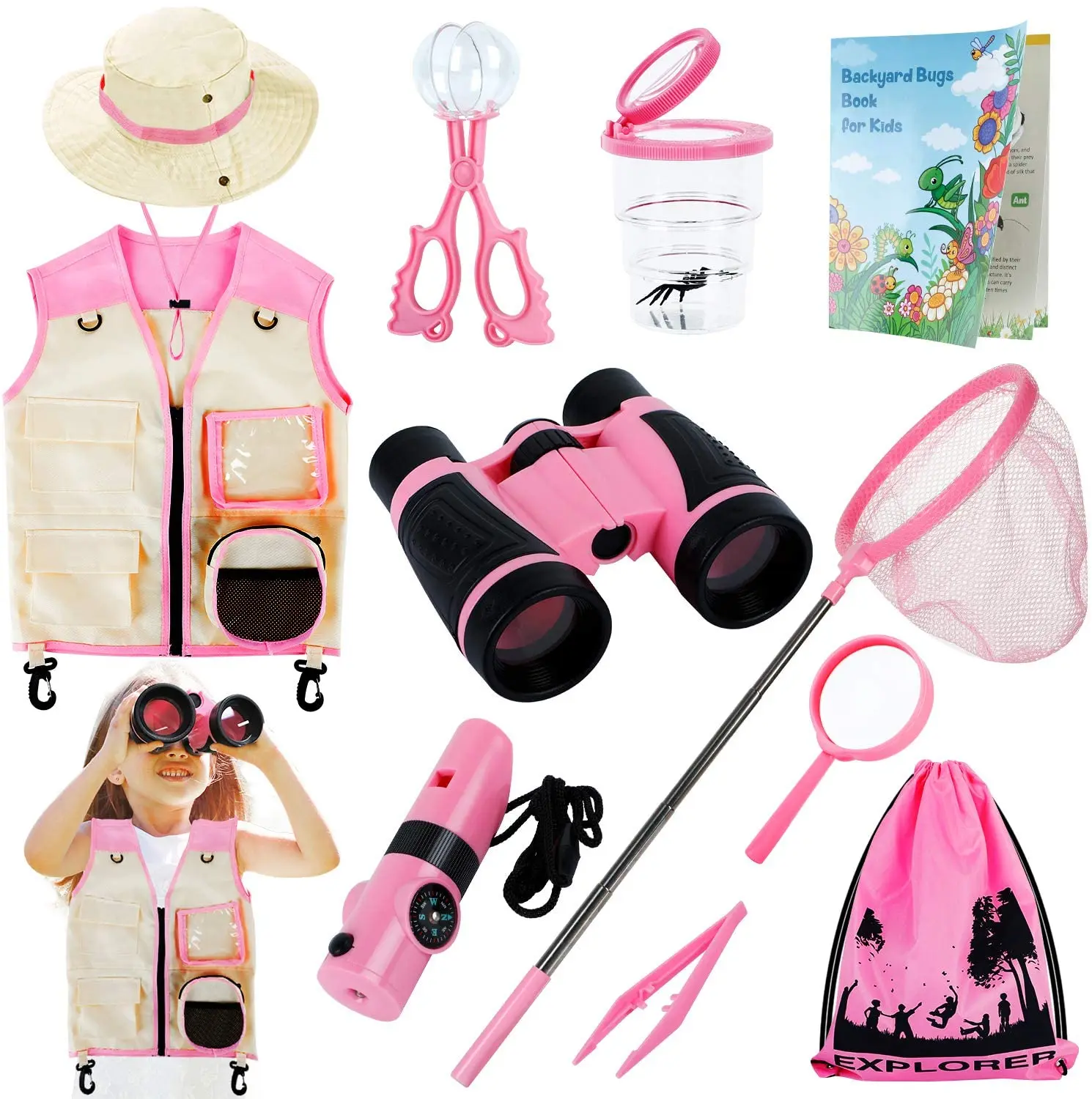 

OEM&ODM Adventure Kit Bug Catcher Kit for Kids Outdoor Exploration with Vest, hat Binocular Whistle and Bugs Book for Boys Girls, Color