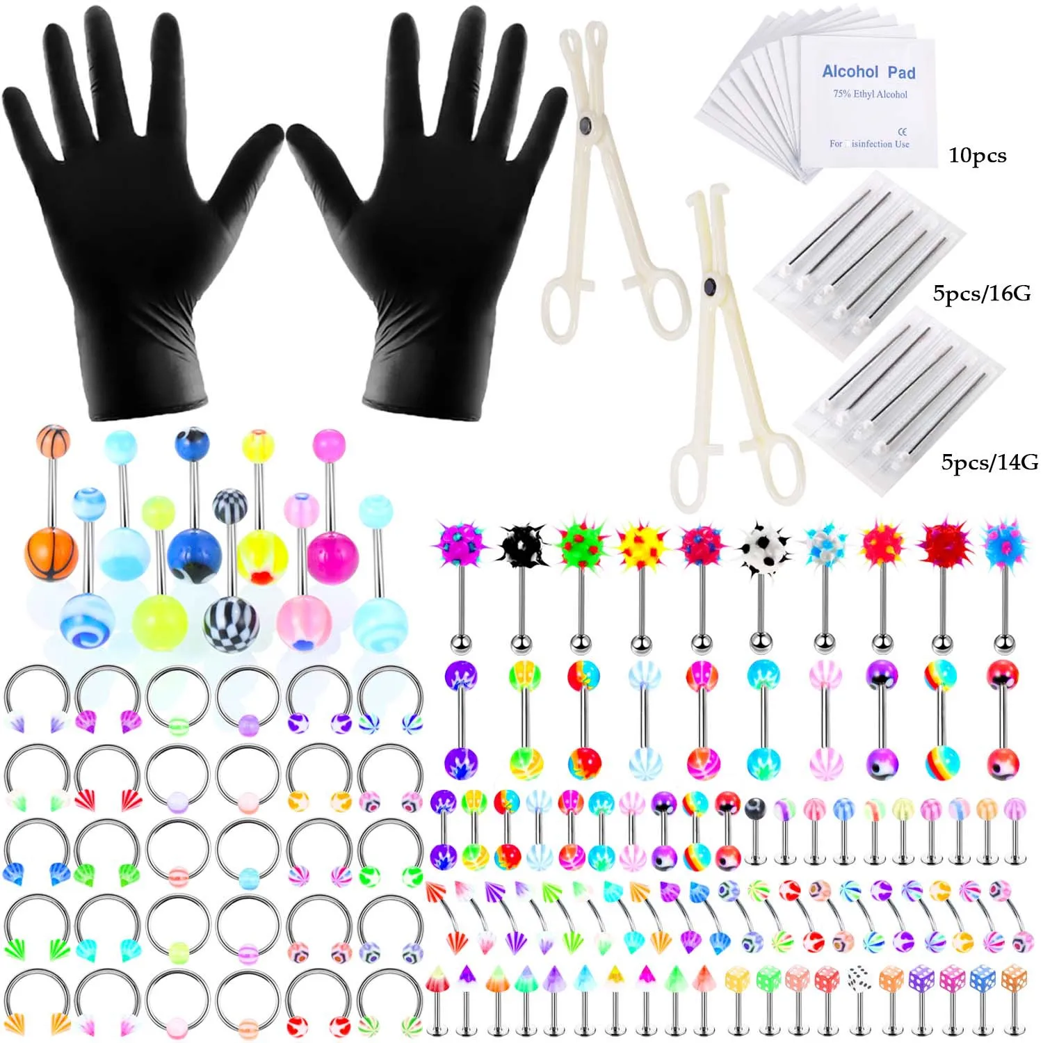 

NUORO 144pc/Set Colorful Acrylic Ball Eyebrow Belly Ring Nipple Tongue Lip Rings Piercing Tool Stainless Steel Piercing Set