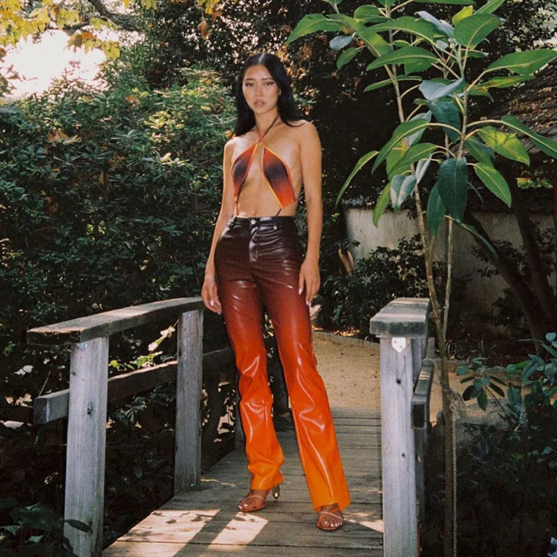 

gradients leather pants Amazon fashion women high waist pants fashion streetwear leather girls' pants, Solid