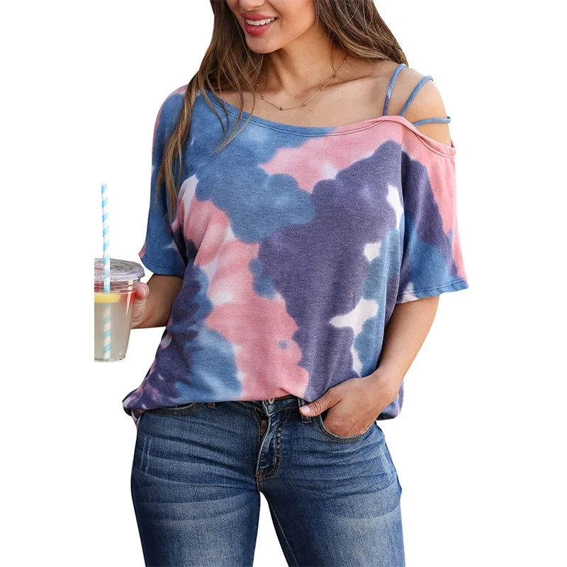 

Amazon hot sale Blouse Camisetas para mujeres Cotton Dress Tie dye Women's tops Off shoulder Loose t-shirt for women, As picture