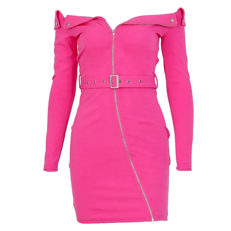 

B23896A Fall women's new long sleeve off-shoulder zipper Dress