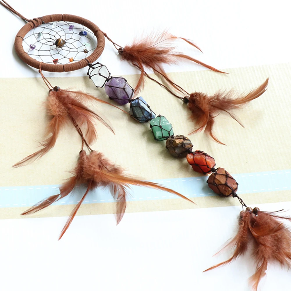 

Low Price Handmade Chicken Feather Gemstone Dreamcatcher Wall Hanging 7 Chakra Dream Catcher Ring Ornaments Home Decor, As picture shows