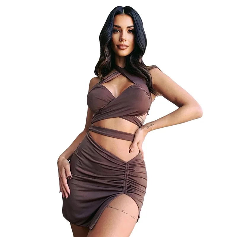 

2021 Cotton Brown Bandage Tops Ruched Slit Mini Skirts Women Sexy Halter Neck Vests Clubwear Matching Outfits Two Piece Sets