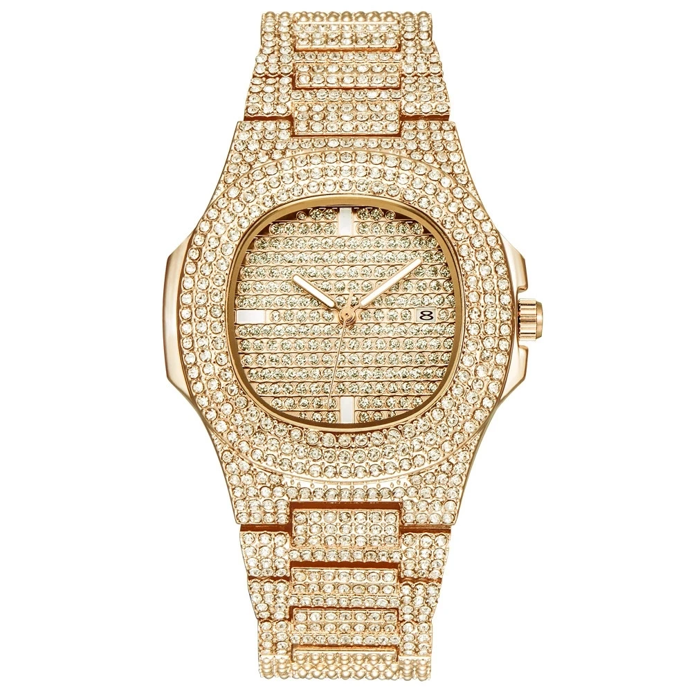 Mens Watches Luxury Brand Fashion Diamond Date Quartz Watch 18k gold iced out watch