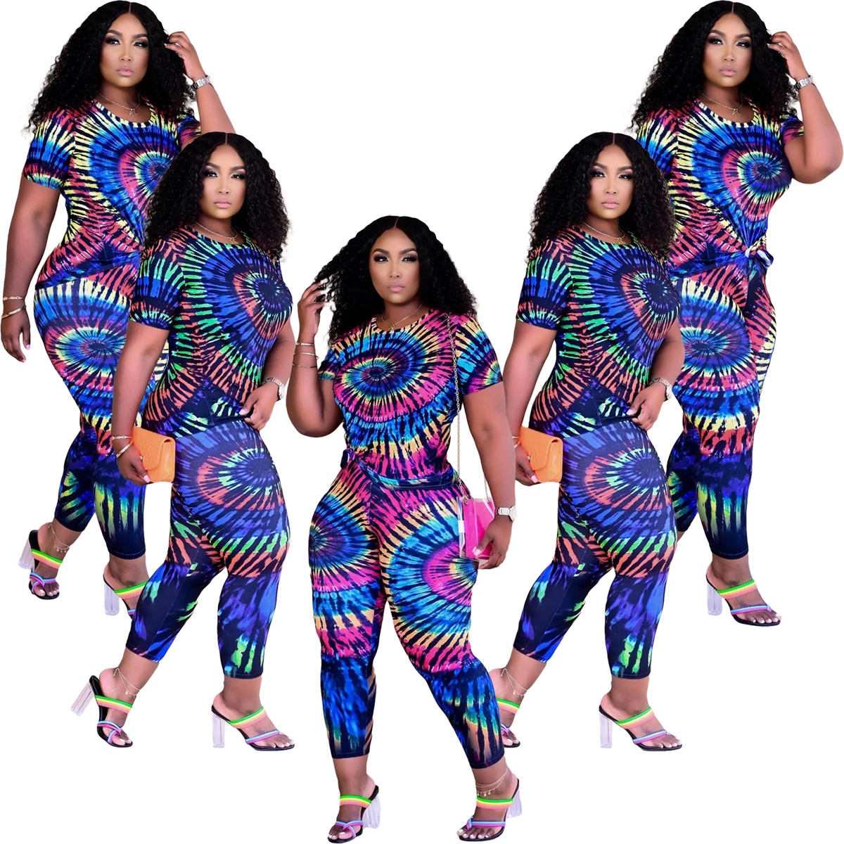 

2021 New Tie Dye Short T Shirt Hip Up Yoga Pants Plus Size 3XL Two Piece Sports Legging Fitness Set Women's Wear Tracksuit