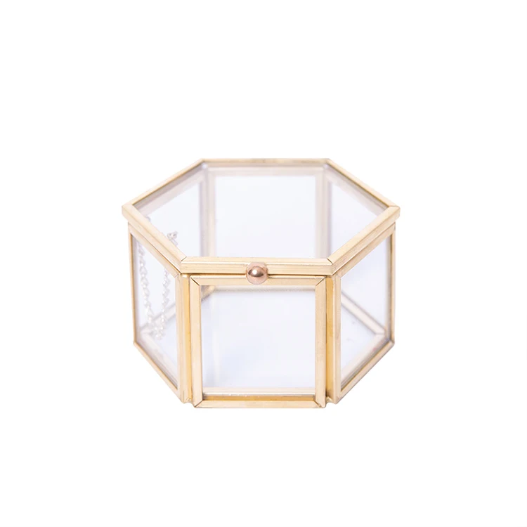 

Wholesale overseas retro gold hexagonal glass jewelry box small immortal flower ring box jewelry box
