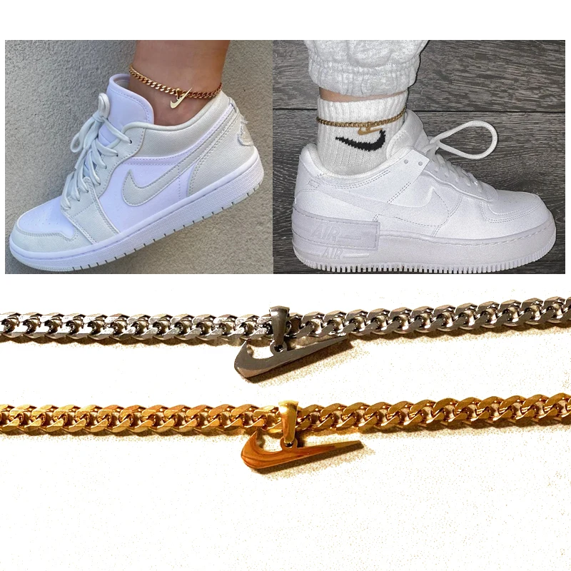 

Street wear 5mm cuban link chain anklet hophop swoosh tick charm anklet stainless steel custom logo bling swoosh anklet men