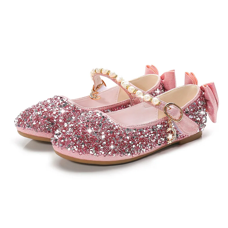 

Summer Bead Mary Janes Girls Shoes Flat Fling Princess Glitter Baby Dance Shoes Kid Sandals Butterfly Knot Children Wedding Shoe, Gold silver pink