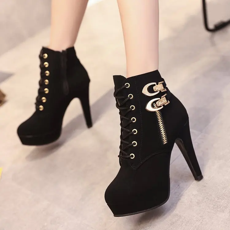 

11.5cm Women's warm boots autumn and winter new pointed thick with side zipper buckle boots elastic boots women's shoes