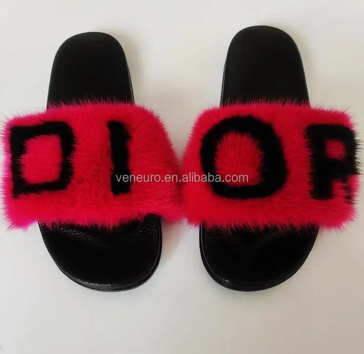 

2021 New Wholesale fashion real mink fur sandals shoes real mink fur slides women brand logo fur slippers, Customized color