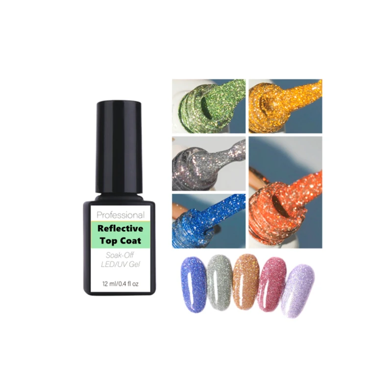 

Private label sock off gel polish super flashy reflective disco top coat, Silver, gold,green,blue,red,black