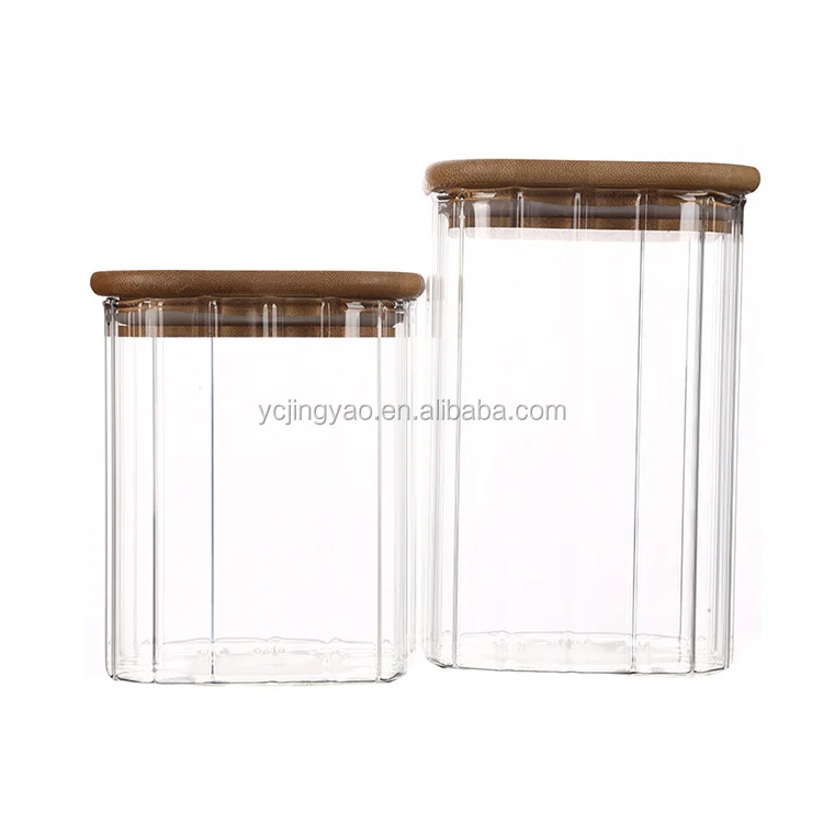 

Handblown New Square Stripe Glass Storage Jar with Bamboo Lid, Clear