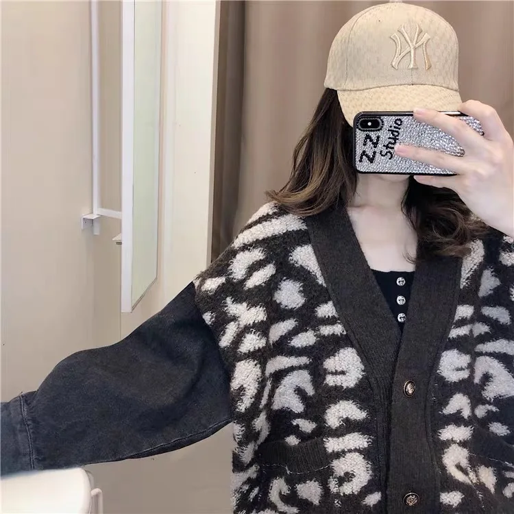 
leopard jacquard cardigan with contrasting jean sleeves buttoned knit sweater 