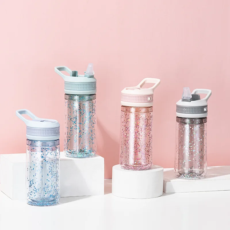 

Wholesale Sports bottle girl powder sequins straw plastic cup portable handle double wall water bottle