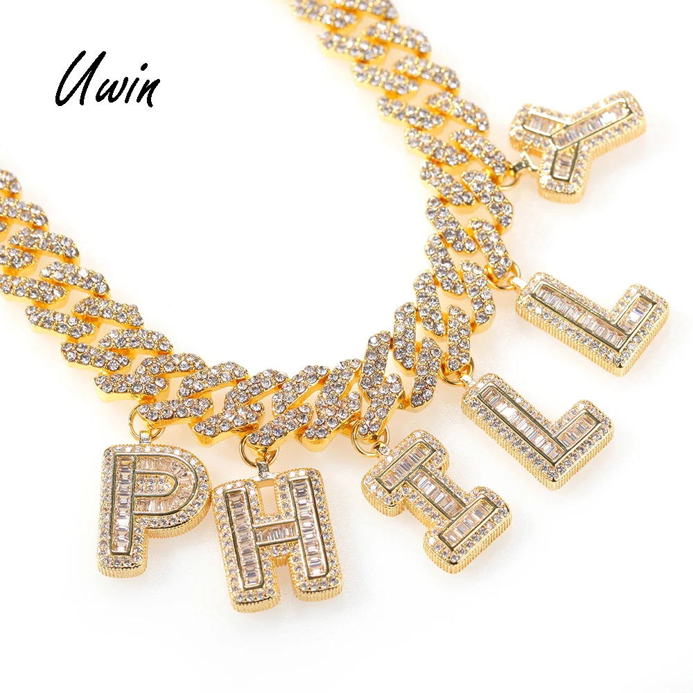 

Customize Baguette Initial Letter Name Necklace DIY Charms 12mm Cuban Chain Names Necklace Jewelry, Gold, silvery