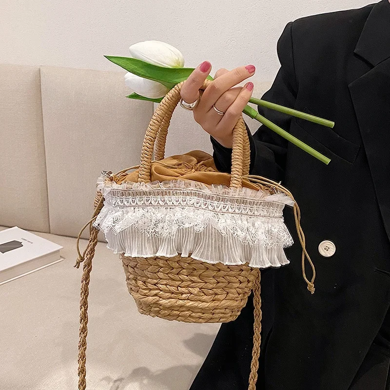 

2022 Fashion Lace Summer Small Jelly Style Woven Bucket Bag Drop Shipping Shoulder Bags Straw Clutch Beach Handbags for Women