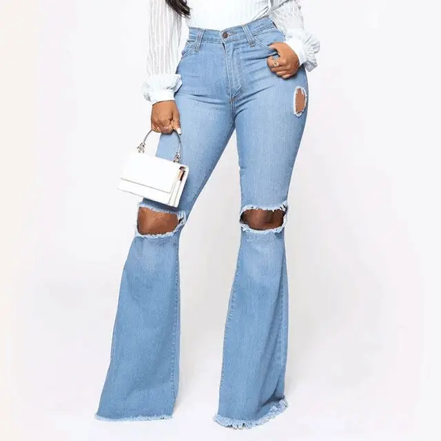 

Fashion hole ripped denim flare pants wide leg women high waist bell bottoms jeans, Light blue