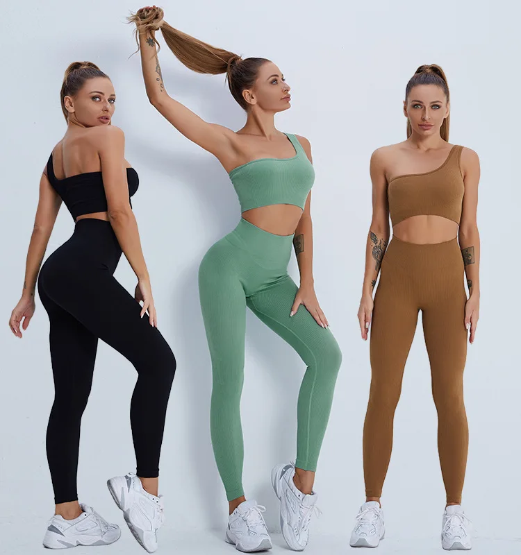 

Tiktok Hot Sale Seamless 2 pcs Sport Suit Gym Wear One-shoulder Bra Activewear Yoga Set, 3 colors