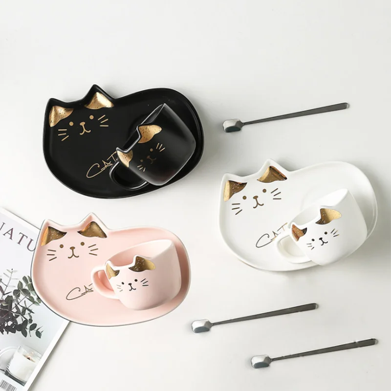 

UCHOME Ins Nordic ceramic cat coffee mug with spoon and saucer breakfast cup, Many colors can be choosed