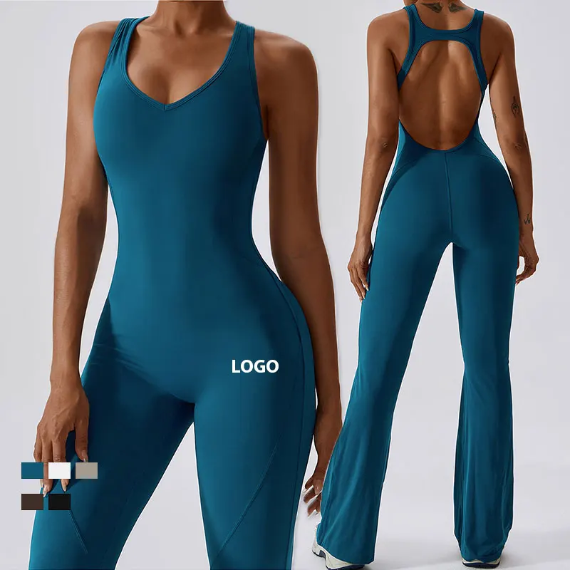 

Good Stretchy Yoga Wear Skinny Cut One Piece Sports Jumpsuit Flared Leg Butt Lifting Belly Bottom Gym Jumpsuits Women