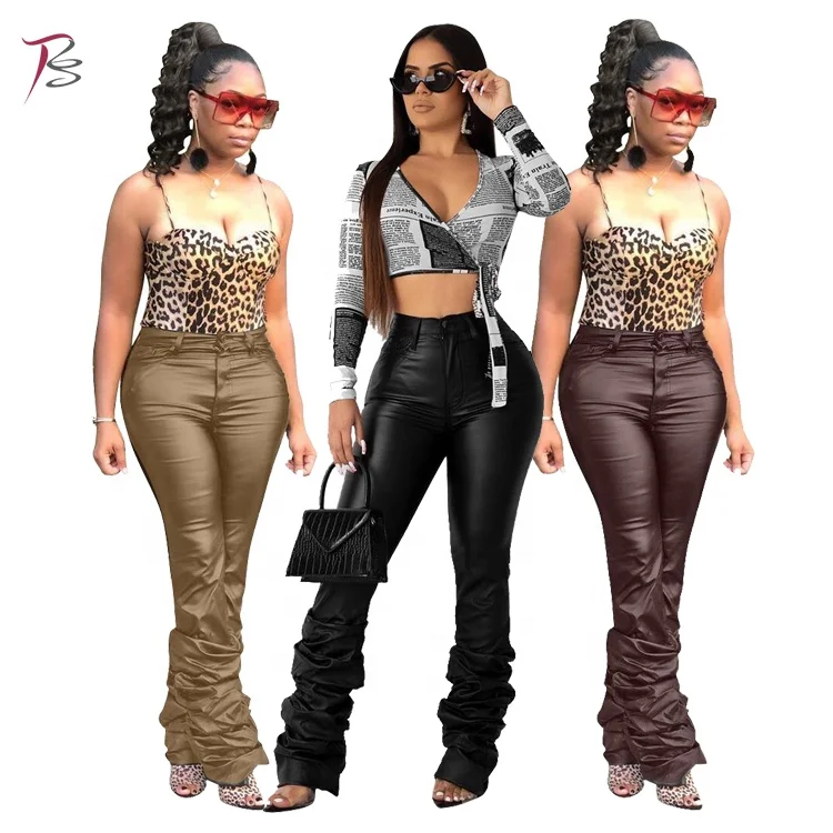 

wholesale 2021 Hot sale classic customize women stacked leather pants for women, Customized color