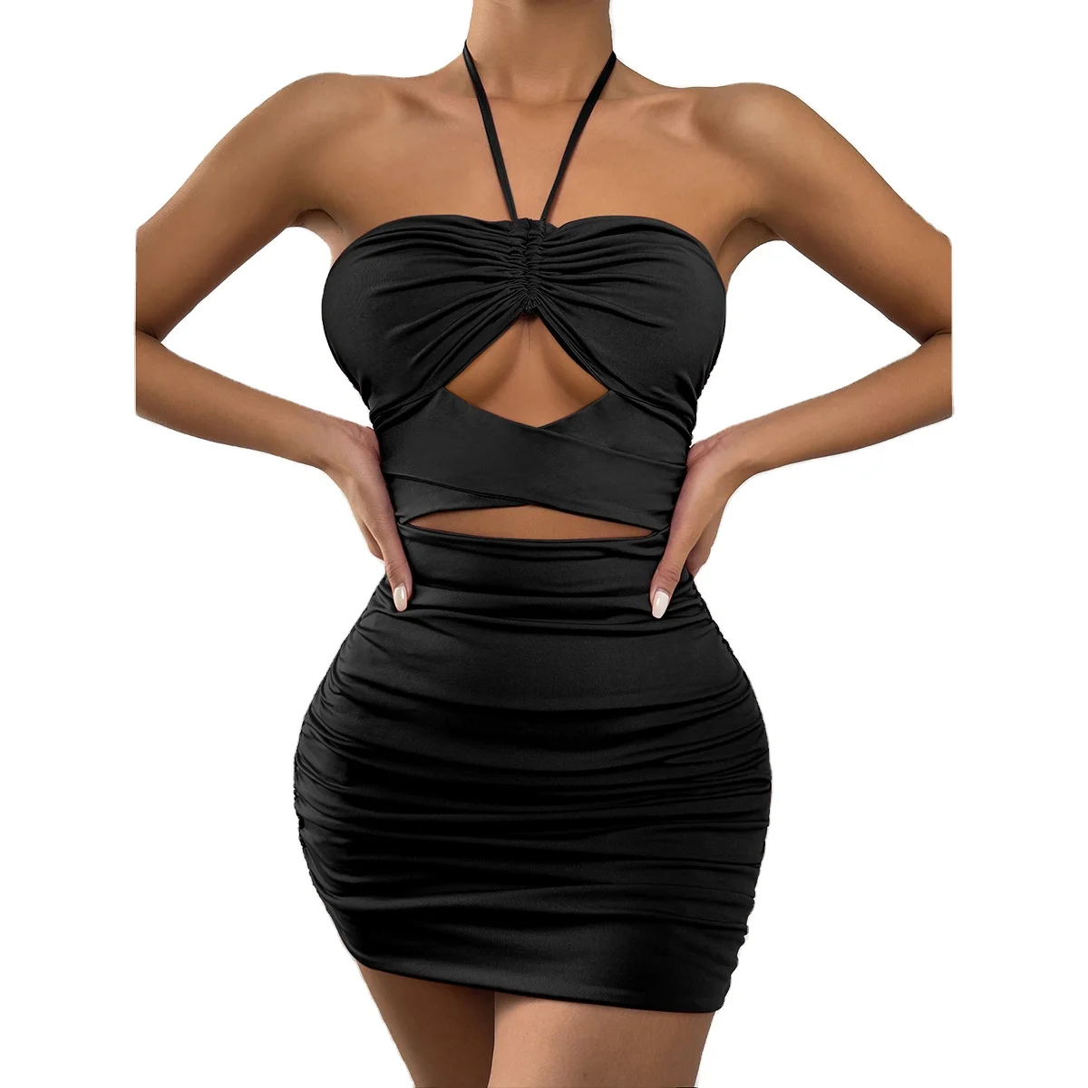 

2021 Hot Sale Summer Sexy Hollow Sling Dress Sleeveless Dress Lace Halter Hollow Pleated Women's Dresses, Picture color