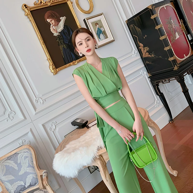 

Hot Sale Wholesale Green Ladies Blouses & Trousers Casual Suit Woman Clothing Manufacturers Women Pants Set
