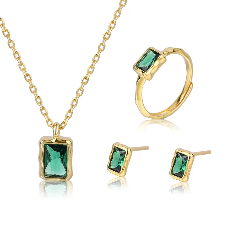 

GT New Design Fashion Sterling Silver 925 Jewelry 18k Gold Plated Emerald Earring Ring Necklace Sets For Women, Gold silver