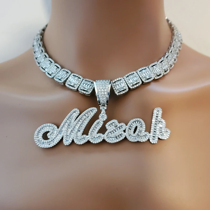 

Custom Brush Cursive Iced Out Letter Pendant Name Necklace Baguettes Chain Micro Paved CZ Personalized Hiphop Jewelry, Gold,silver