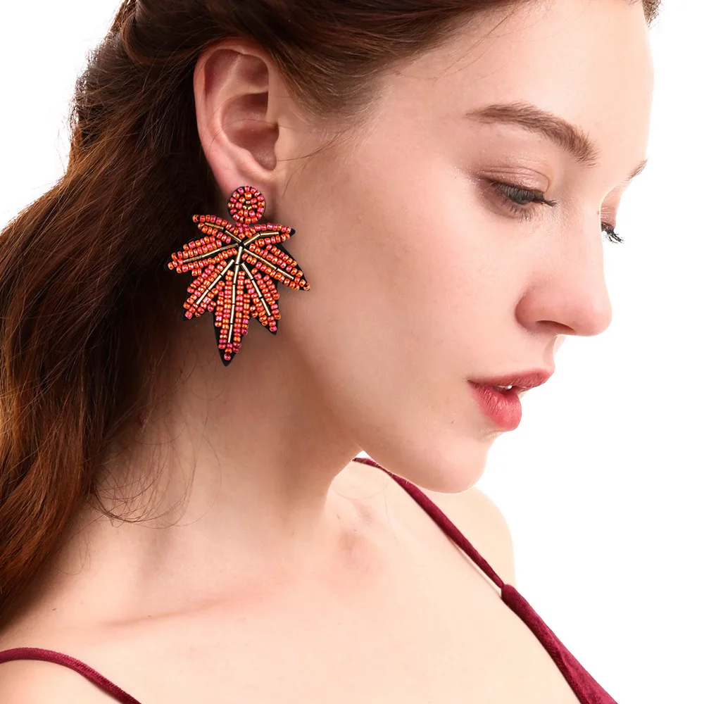 

Latest Handmade Hypoallergenic 5 Color Available Ethnic Retro Big Colorful Resin Seed Beaded Maple Leaf Statement Earrings