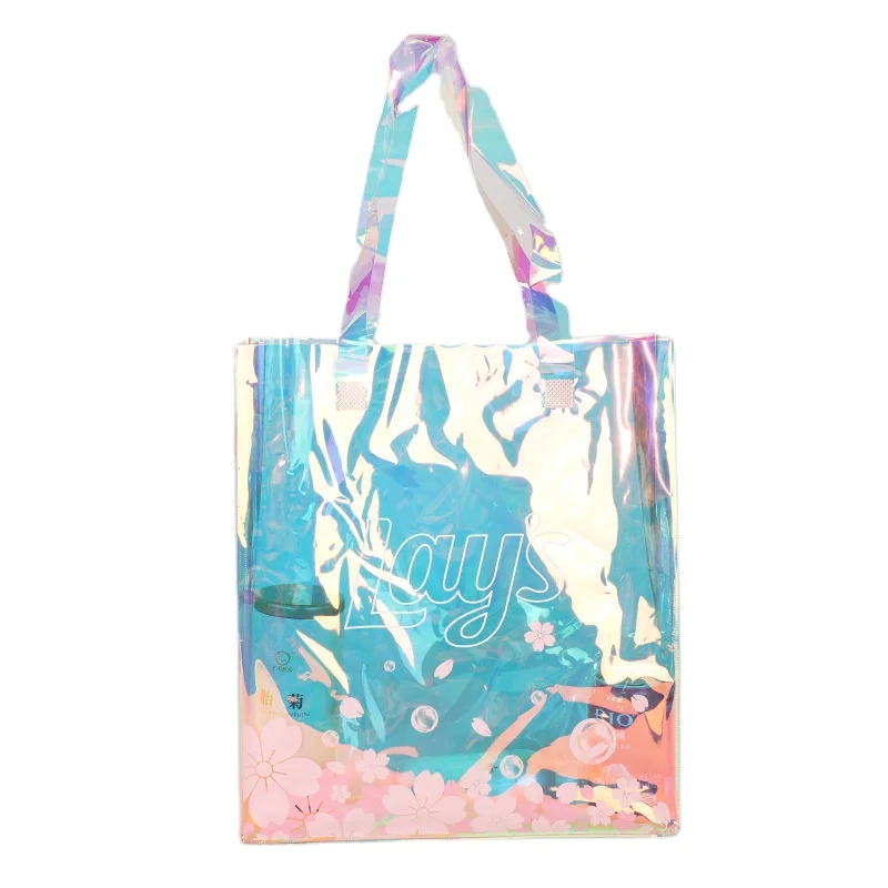 

Custom fashion rainbow iridescent clear PVC hologram shopping bag holographic tote bag with logo printing, Pantone color