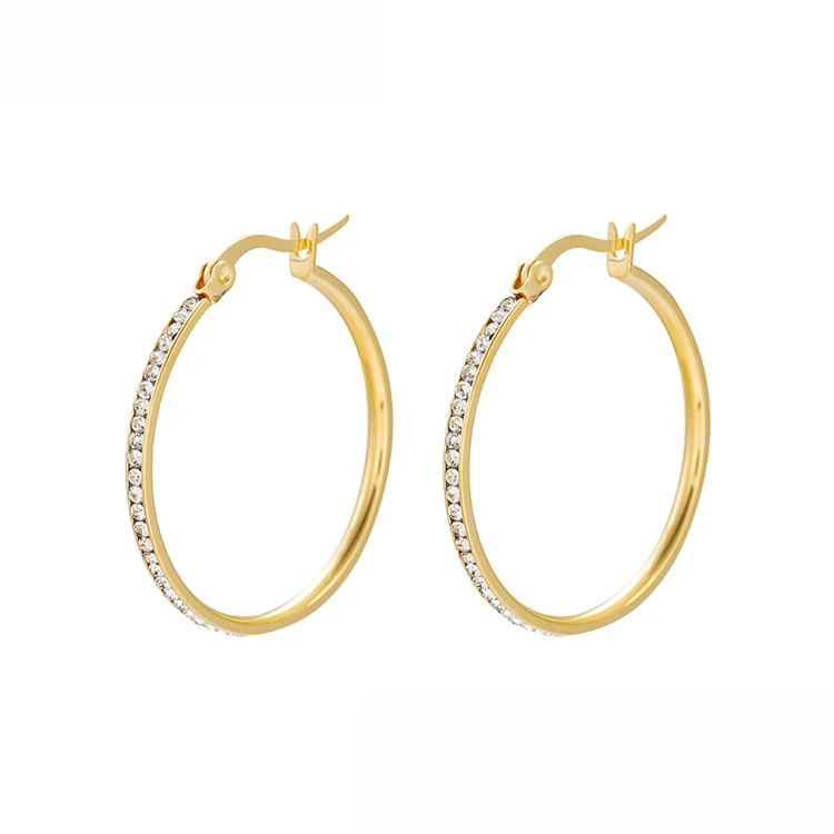 

E-661 Xuping Womens Stainless Steel 24K Gold Plated Big Circle Earrings With Rhinestone, 24k gold color