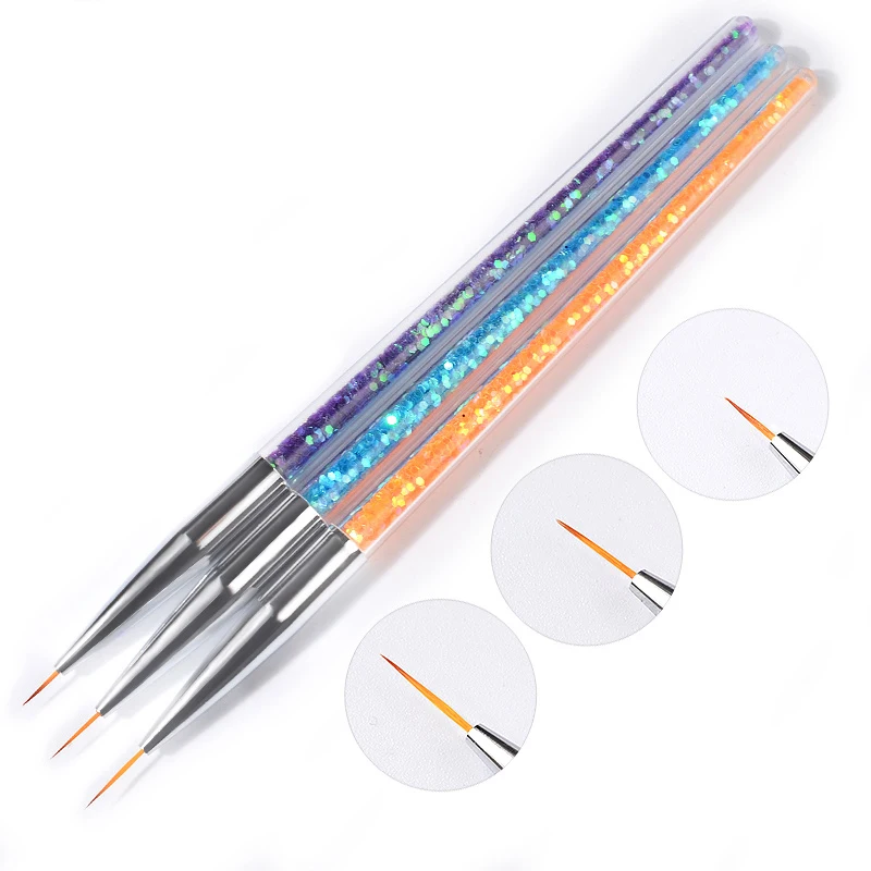 

3Pcs/set Sequins Nail Art Brush Drawing Painting Carving Pen Manicure Tools 7/9/11mm Acrylic Liner UV Gel Decorations, As picture show