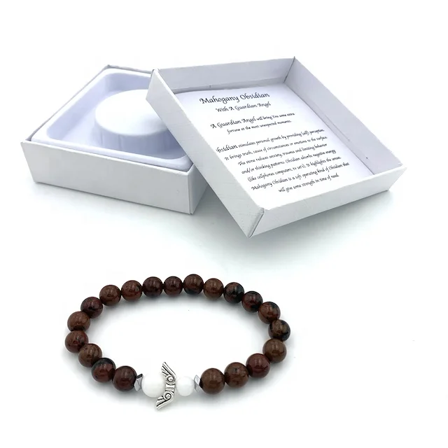 

Natural stone bracelet with beaded guardian angel packaged in giftbox and property description Mahogany Obsidian