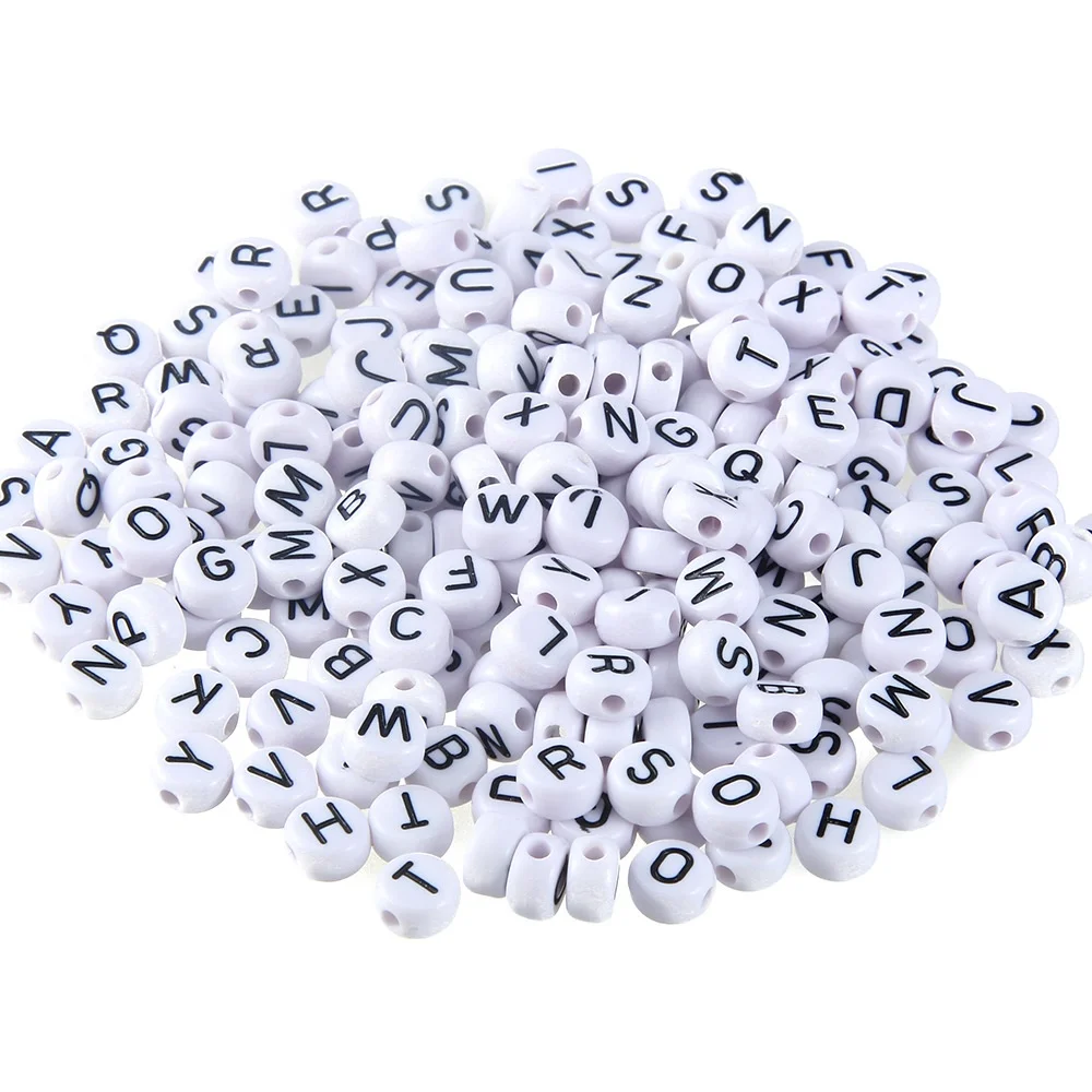 

White acrylic coin black alphabet letter beads for jewelry making, White & black