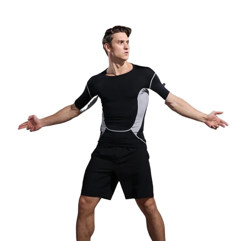 

Wholesale good quality men's quick-day elastic breathable sports fitness running quick-drying short sleeved shirt shirts
