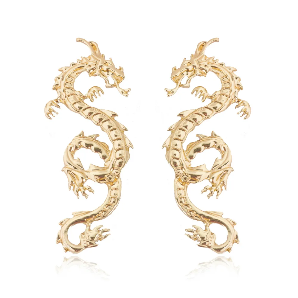 

Statement Gold Plating Punk Animal Dragon Stud Earrings Retro Metal Gold Silver Dragon Shape Earring, As pictures