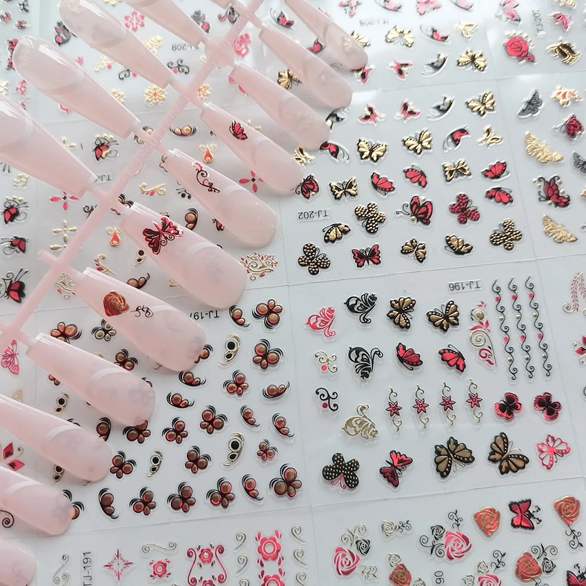 

30pcs Self Adhesive Nail Art Stickers Gold Red Black Butterfly Flower Decals Decoration, As picture