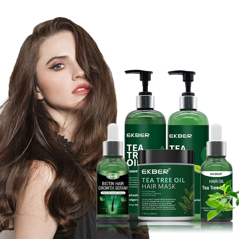 

New Arrival Ekber Bulk Tea Tree Keratin Nourishing Repairing Anti Loss Biotin Hair Growth Oil Serum Shampoo Hair Mask Care Kit