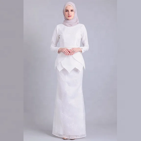 Hot selling Latest Moden Fashion Women Design white with beading lace Baju Kurung malaysia