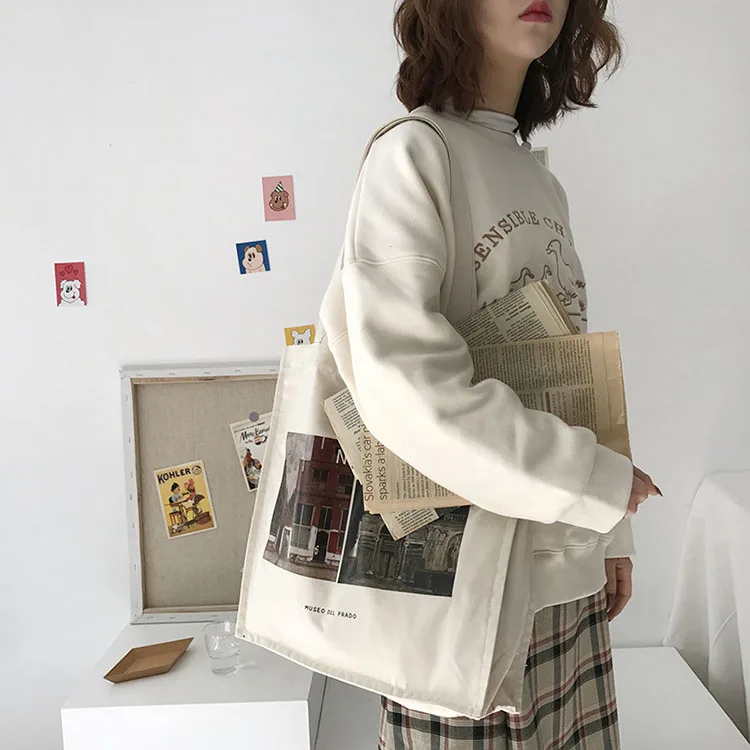 

YASEN Women Canvas Shopping Bag Prado Museum Pictures Female Cotton Cloth Shoulder Bag Eco Tote Reusable Grocery Shopper Bags
