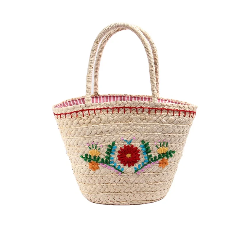 

High Quality summer straw basket tote bag custom pom pom straw beach bag