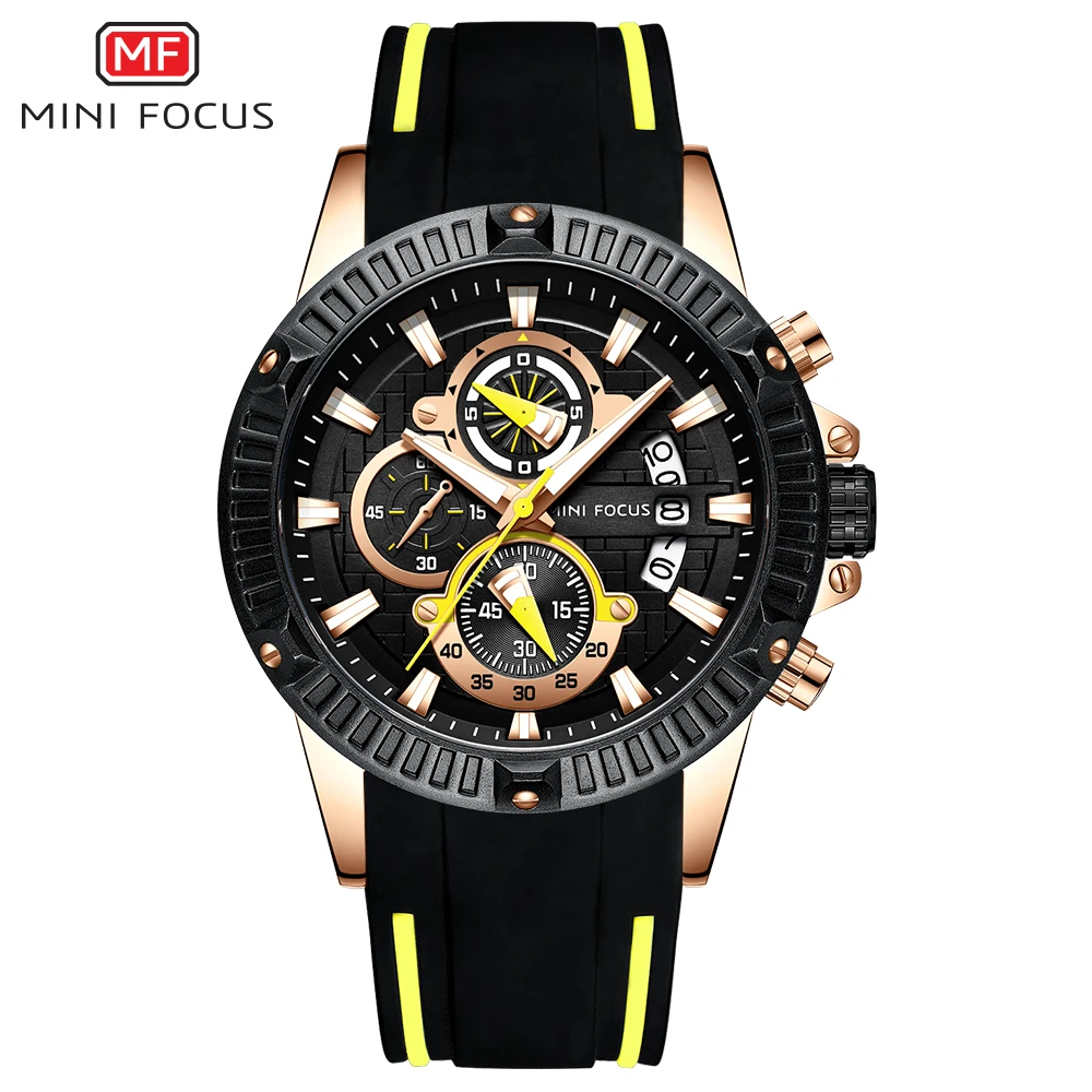 
Mini Focus 0244 Man Fashion Watch Blue Rose Gold Rubber Strap 3D Bolt 3 Dials Waterproof Top Brand Luxury Sports Mens Watches 