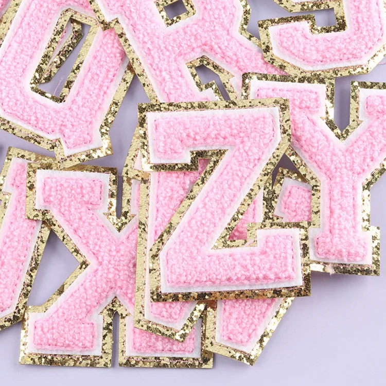 

Personalized Multicolor Bling Gold Glitter Back A-Z Alphabet Patch Chenille Letter Patches, Pantone color embroidery patch alphabet custom letter patches