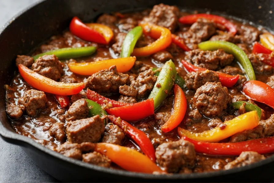Close-up of sizzling pepper steak in cast iron skillet with colorful bell peppers and tender beef strips