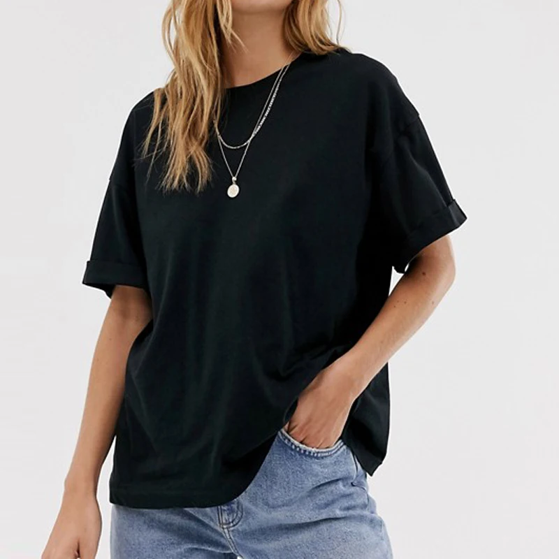 

Wholesale Custom 210g 100% Cotton Thick Fabric Oversize T-shirt Anti-shrink Black Blank T-shirt Women